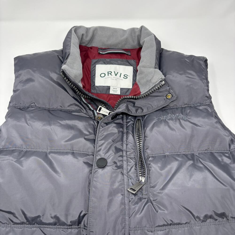 Orvis Mens Small Gray Full Zip Snap Button Duck Down Puffer Vest